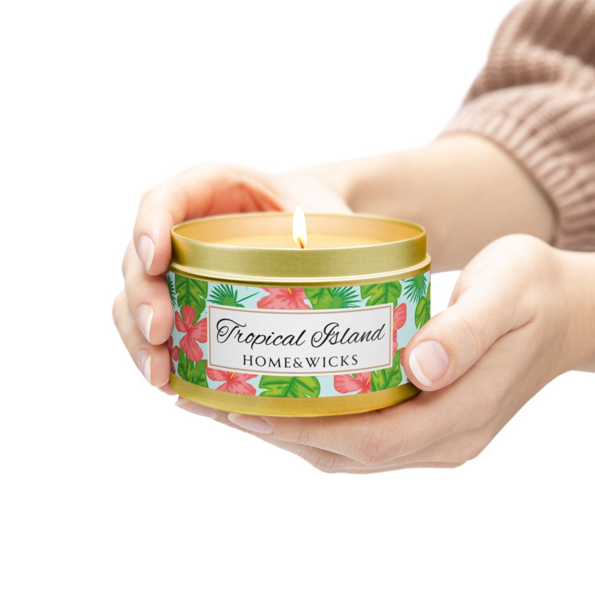 Tropical Island Coconut Soy Wax Candle, 8 oz. Gold Tin Jar with Lid - Tropical Candle, Fruit Scented Candle, Tropical Decor