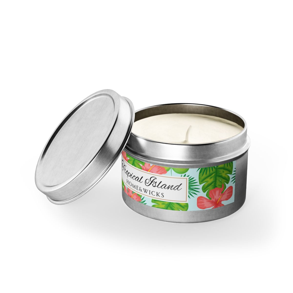 Tropical Island Coconut Soy Wax Candle, 4 oz. Silver Tin Jar with Lid - Tropical Candle, Fruit Scented Candle, Tropical Decor