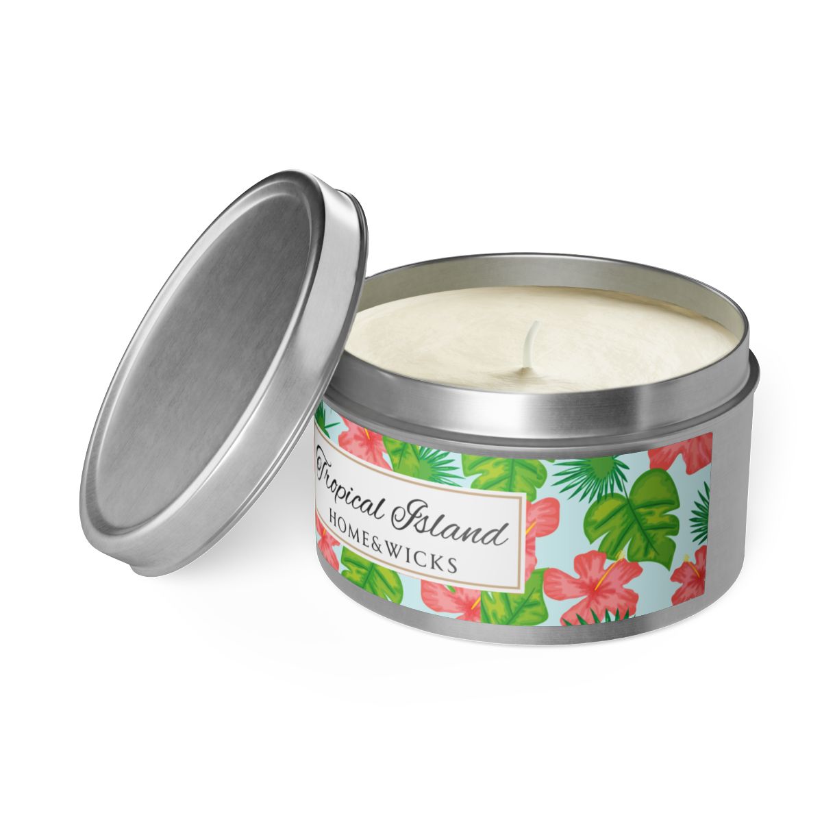 Tropical Island Scented Coconut Soy Wax Candle, 8 oz. Silver Tin Jar with Lid - Tropical Candle, Fruit Scented Candle, Tropical Decor