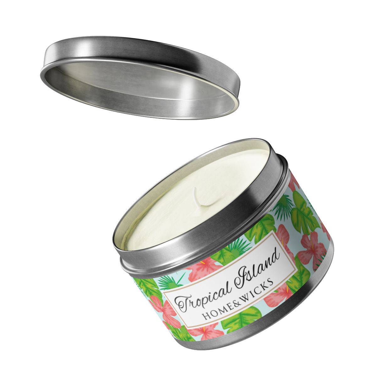 Tropical Island Scented Coconut Soy Wax Candle, 8 oz. Silver Tin Jar with Lid - Tropical Candle, Fruit Scented Candle, Tropical Decor
