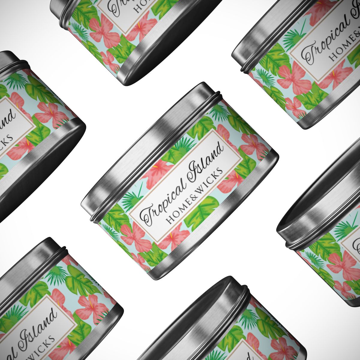 Tropical Island Scented Coconut Soy Wax Candle, 8 oz. Silver Tin Jar with Lid - Tropical Candle, Fruit Scented Candle, Tropical Decor