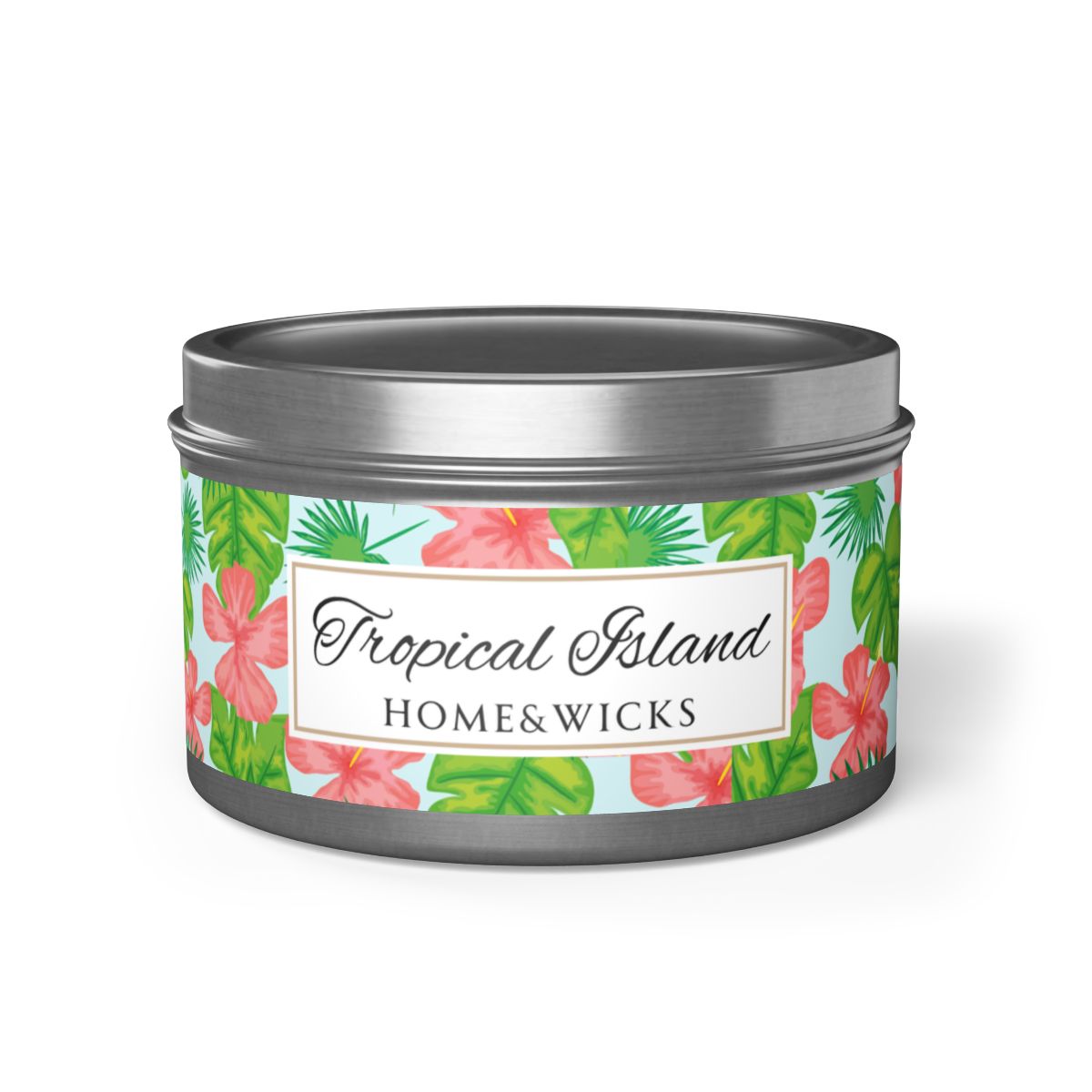 Tropical Island Home & Wicks candle tin with floral label on a white background