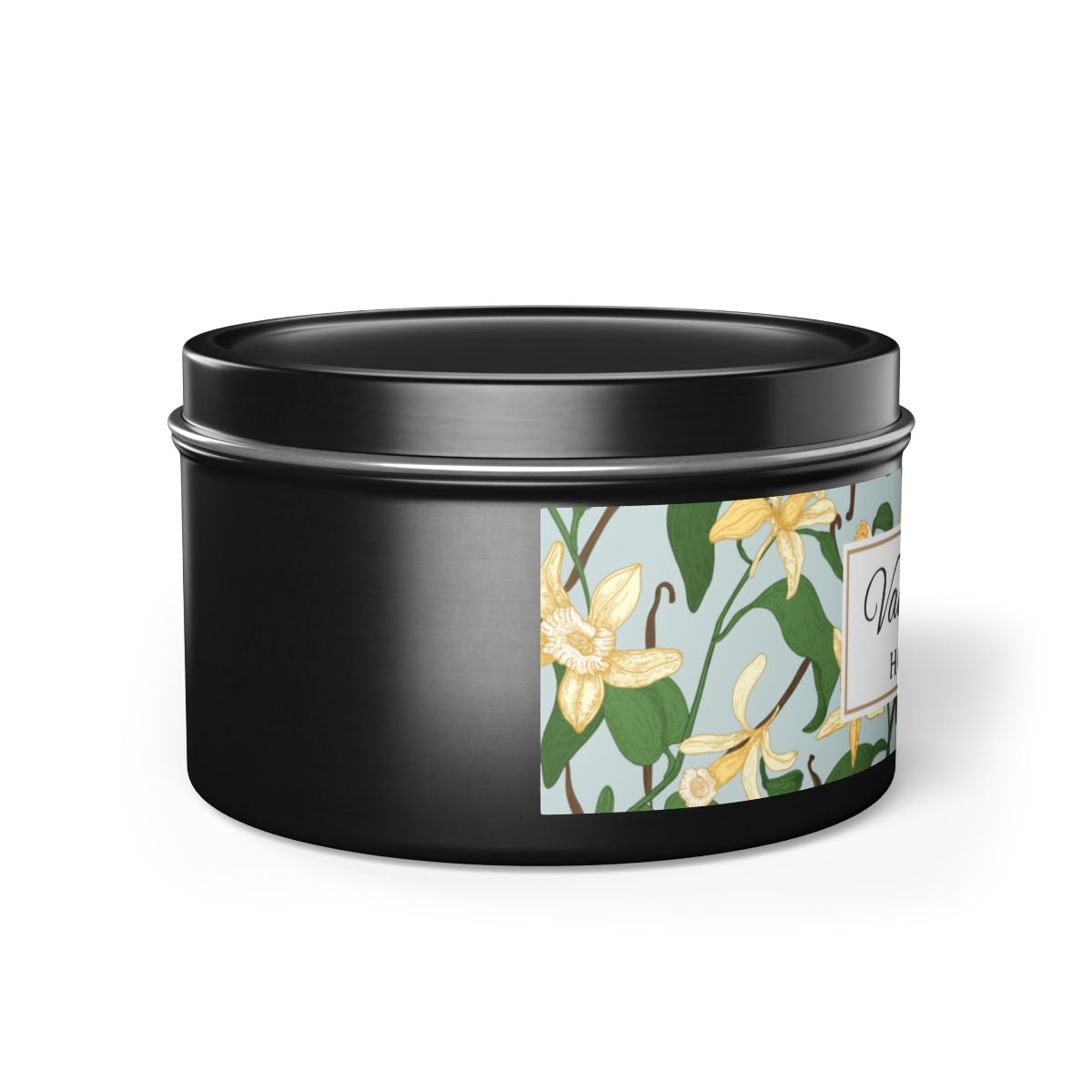 Vanilla Bean Coconut Soy Wax Candle, 8 oz. Black Tin Jar with Lid - Relaxing Vanilla Candle, Gift for Her, Vanilla Aromatherapy