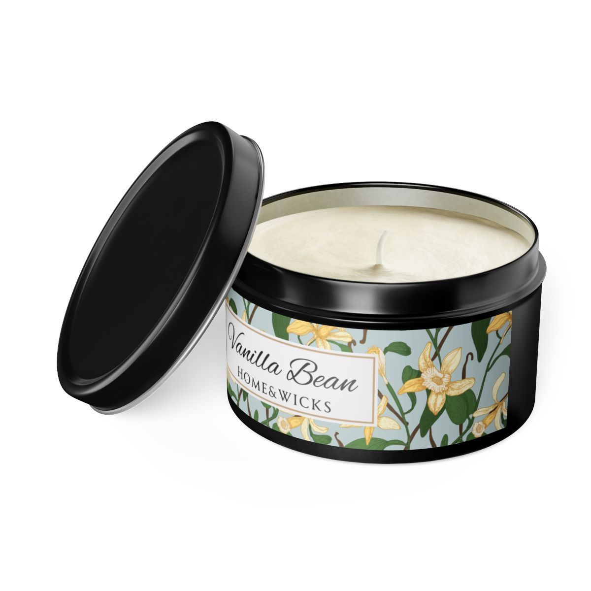 Vanilla Bean Coconut Soy Wax Candle, 8 oz. Black Tin Jar with Lid - Relaxing Vanilla Candle, Gift for Her, Vanilla Aromatherapy