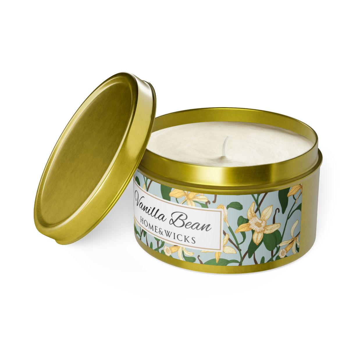 Vanilla Bean Coconut Soy Wax Candle, 8 oz. Gold Tin Jar with Lid - Relaxing Vanilla Candle, Gift for Her, Vanilla Aromatherapy