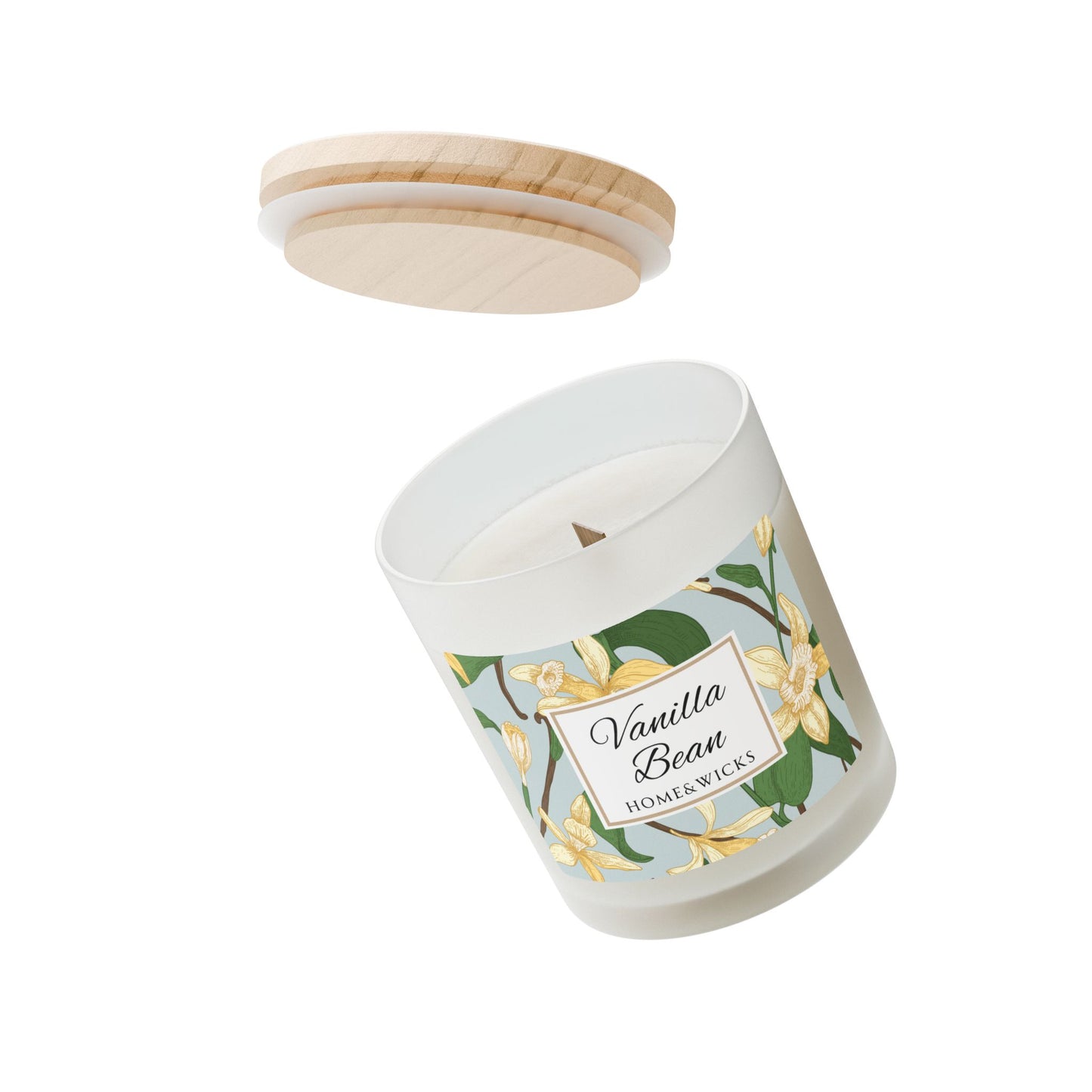 Candle with vanilla bean design and wooden lid on a white background