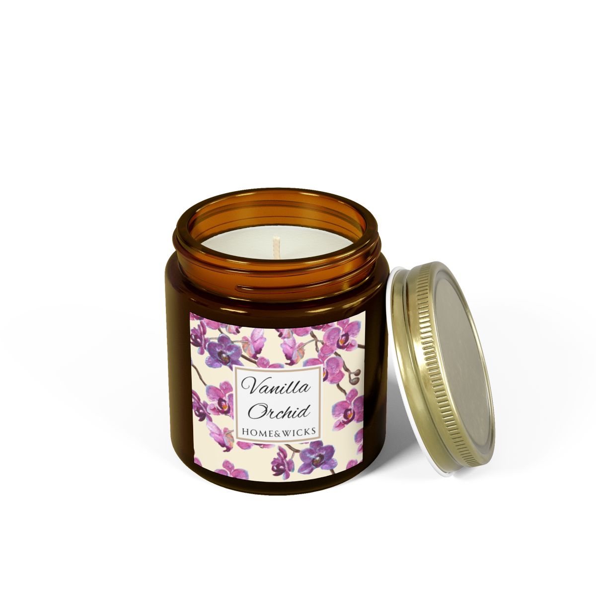 Cotton wicked Vanilla Orchid candle in a 4 oz. amber glass candle jar with gold lid with a pink and purple orchid floral label on a white background by Home & Wicks