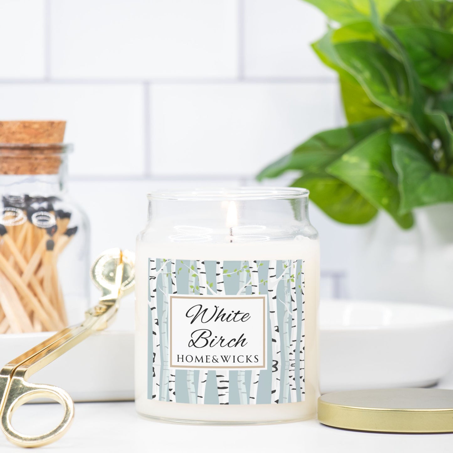 White Birch candle by Home & Wicks on a white surface with a plant and matches in the background.