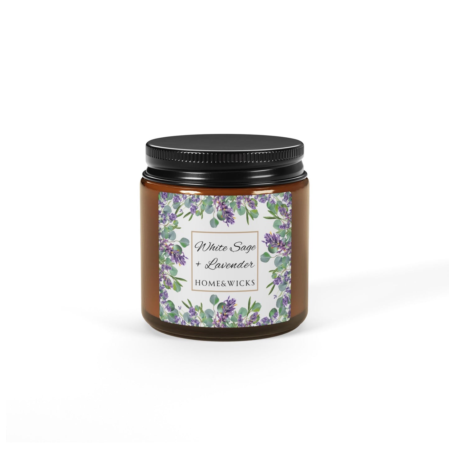 Candle jar with floral label on a white background