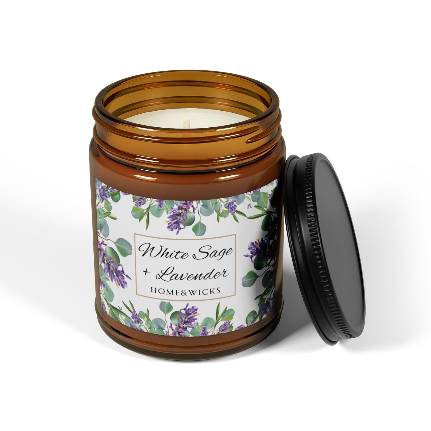 Candle in an amber jar with a floral label on a white background