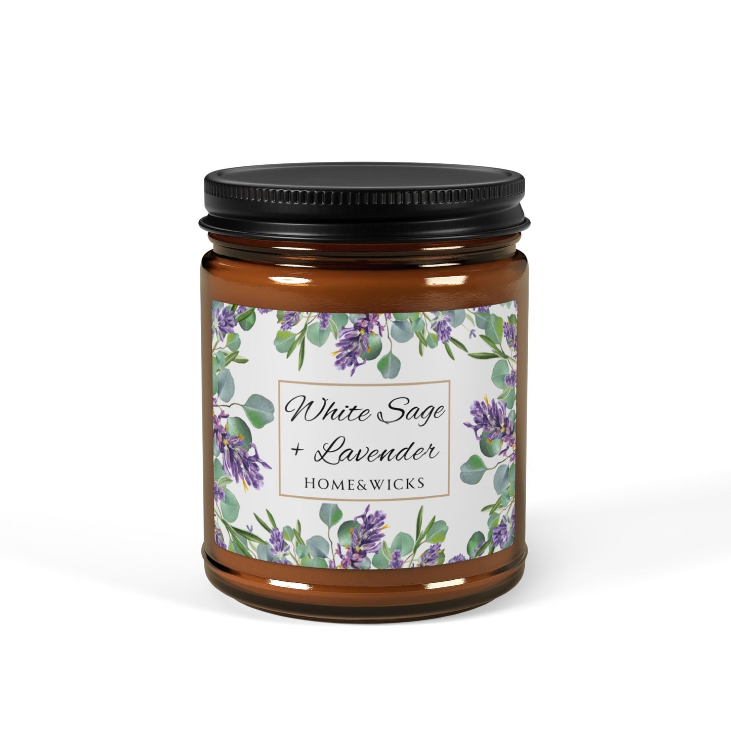 Homeswicks candle jar with floral label on a white background