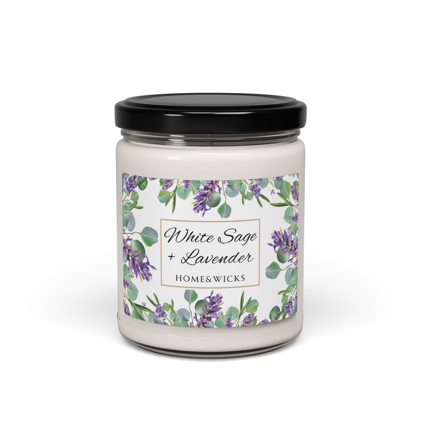 Home and wick candle with white sage lavender floral label on a white background