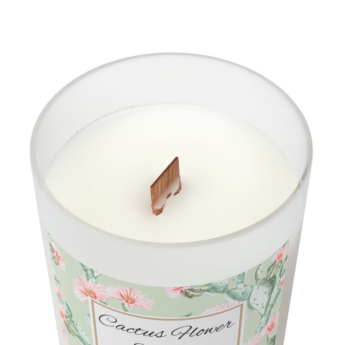 Wood wick Cactus Flower Candle with a cactus flower decorative label on a white background