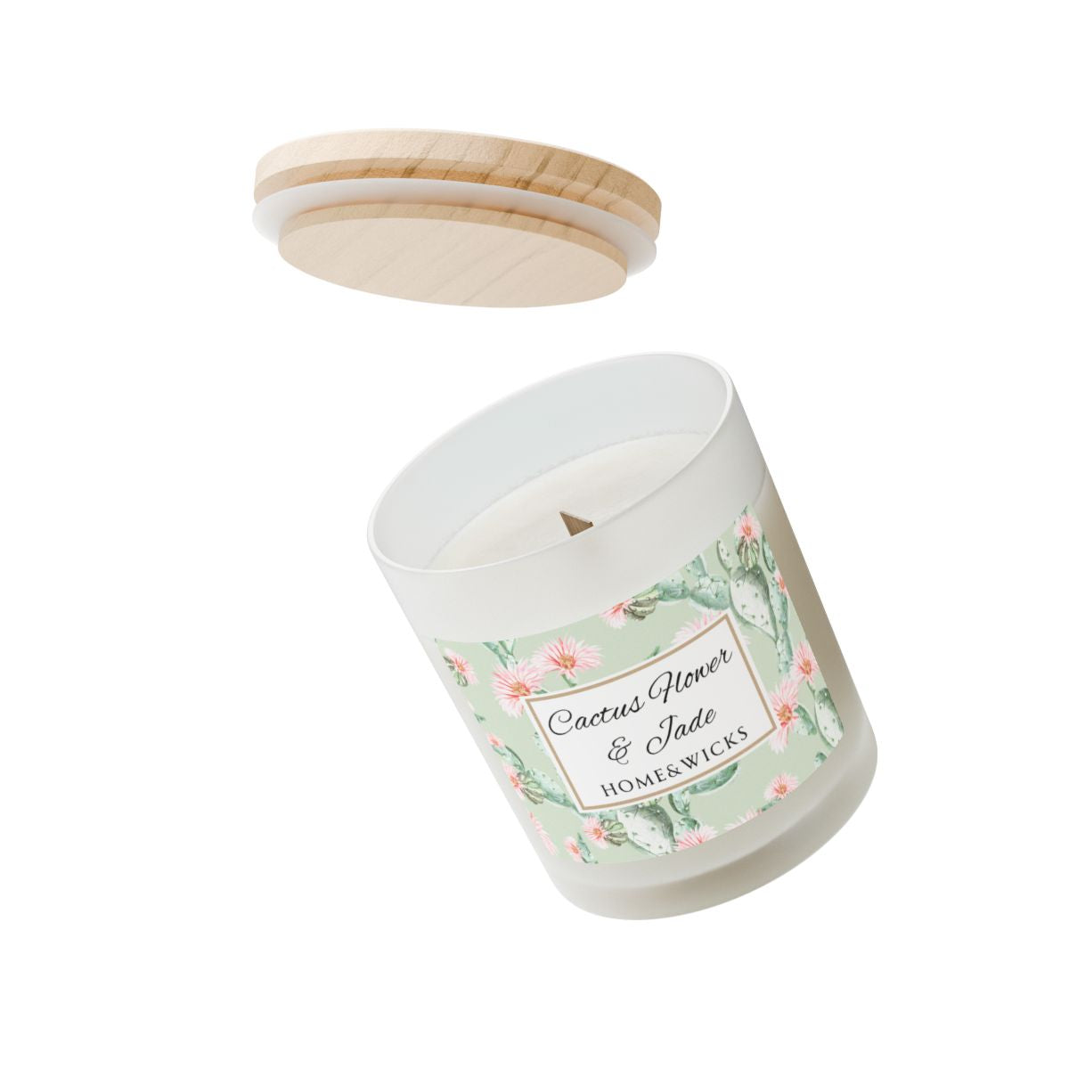 Wood wick cactus flower candle with a wooden lid on a white background