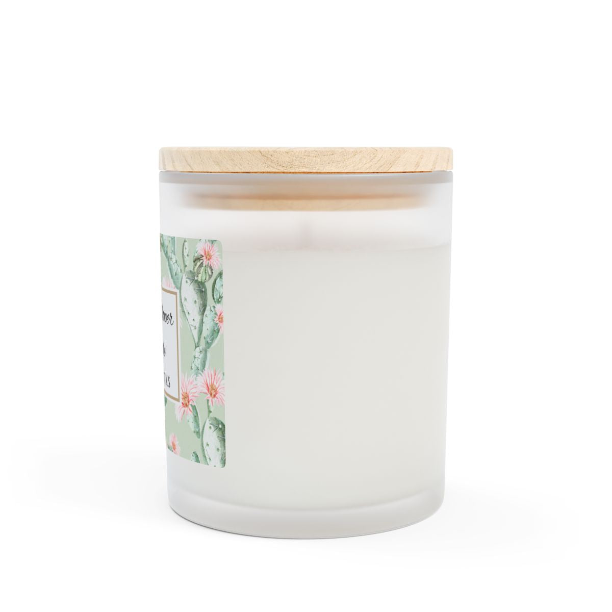 Side view of cactus flower white candle with a wooden lid on a white background