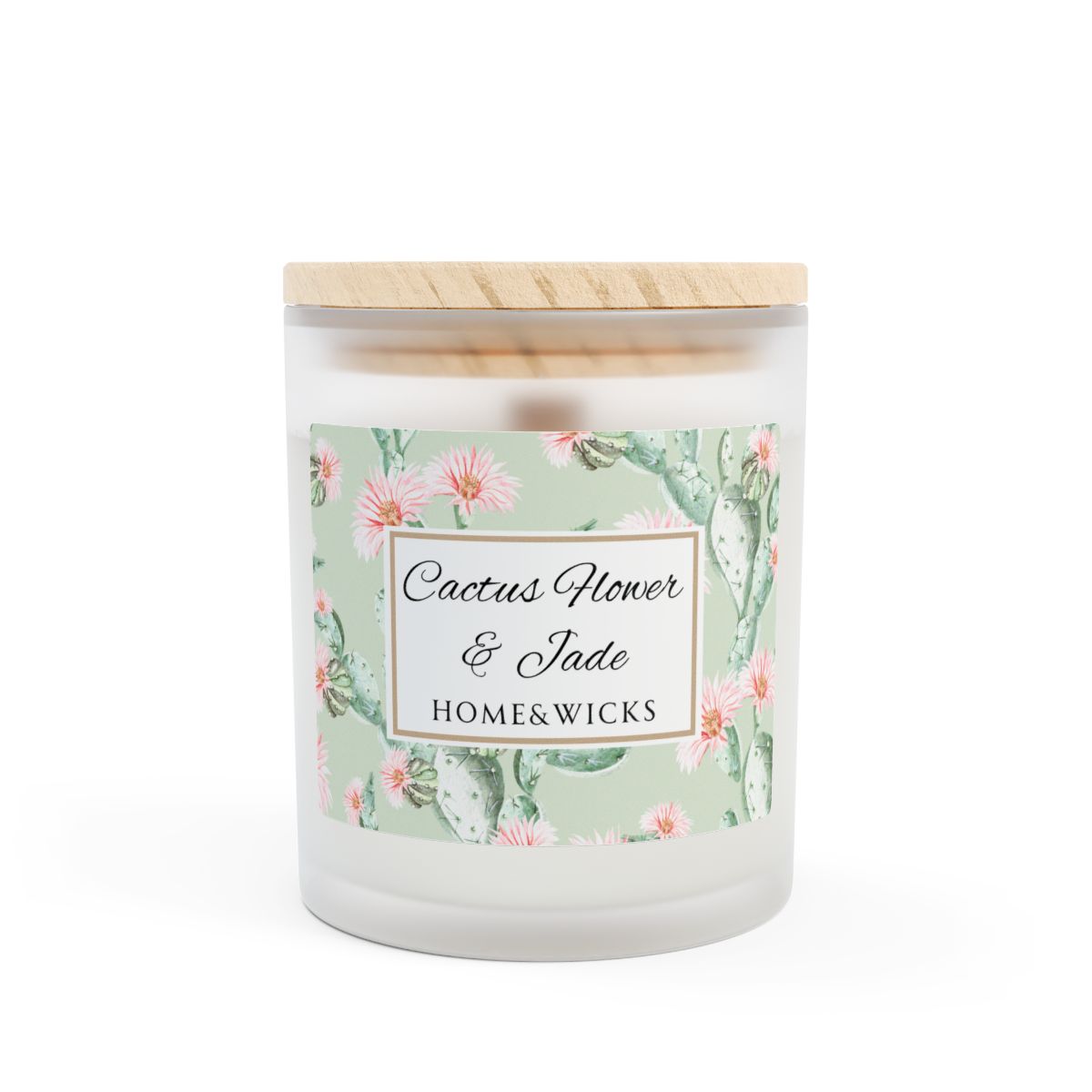 Cactus Flower and Jade Wood wick candle with a cactus floral label on a white background