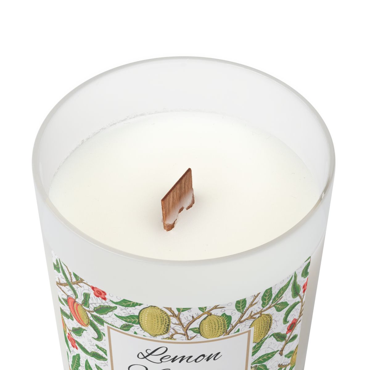Lemon Verbena wood wick candle in a frosted white container with decorative label featuring the illustration by William Morris "Fruit" on a white background