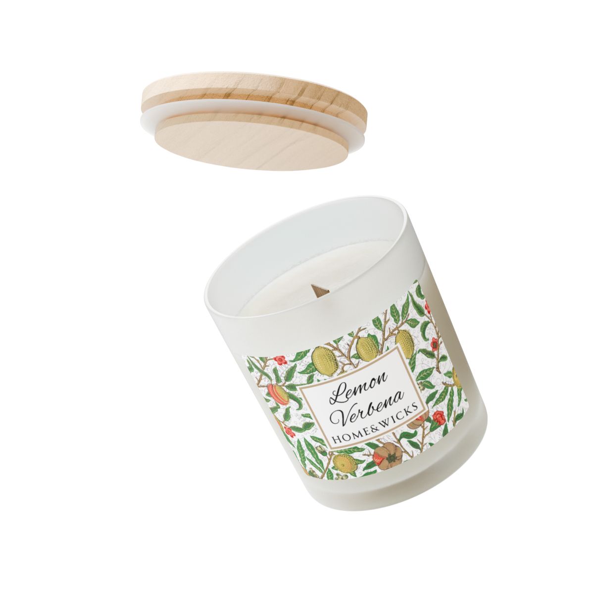 Wood wick candle with 'Lemon Verbena' label featuring the illustration by William Morris "Fruit" and wooden lid on a white background