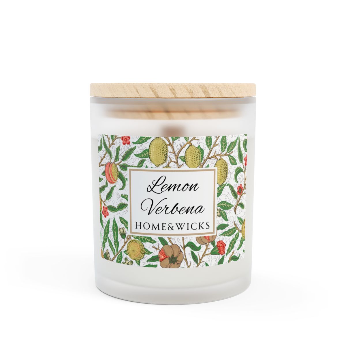 Candle with 'Lemon Verbena' label and 'Home & Wicks' branding on a white background that features the illustration by William Morris "Fruit"