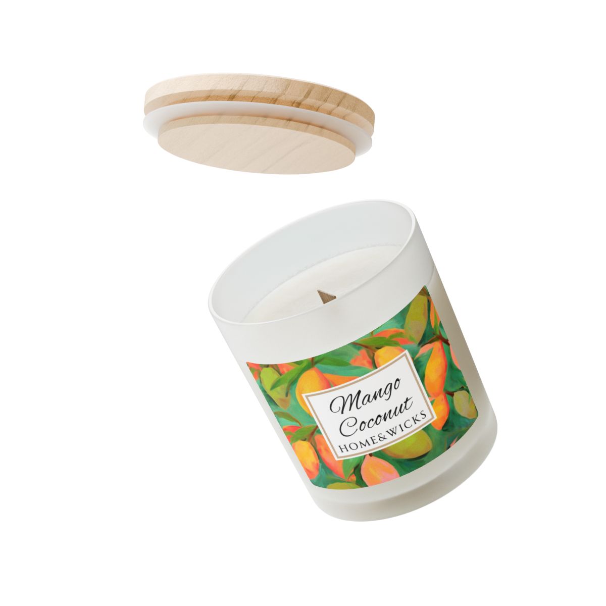 Wood wick candle with a green and orange mango coconut label on a frosted glass candle jar on a white background by Home & Wicks