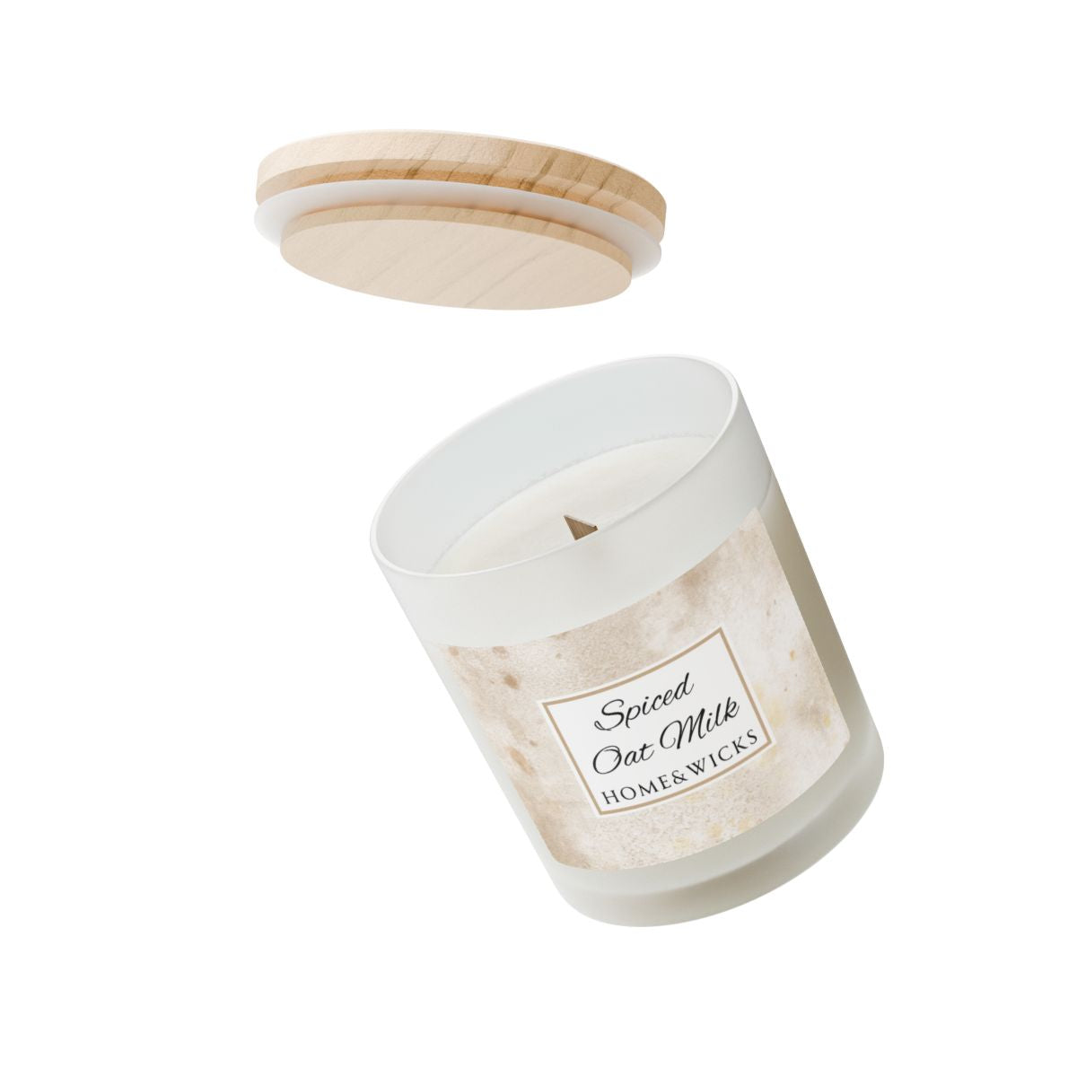 Wood wick candle with wooden lid and 'Spiced Oat Milk' label on a white background