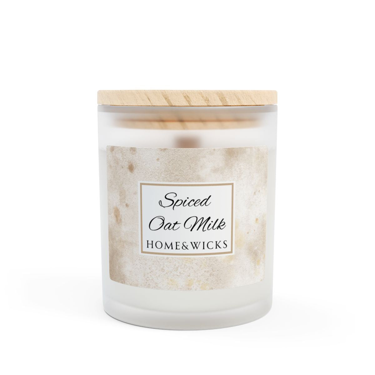 Wood wick candle with a wooden lid labeled 'Spiced Oat Milk' by Home & Wicks on a white background