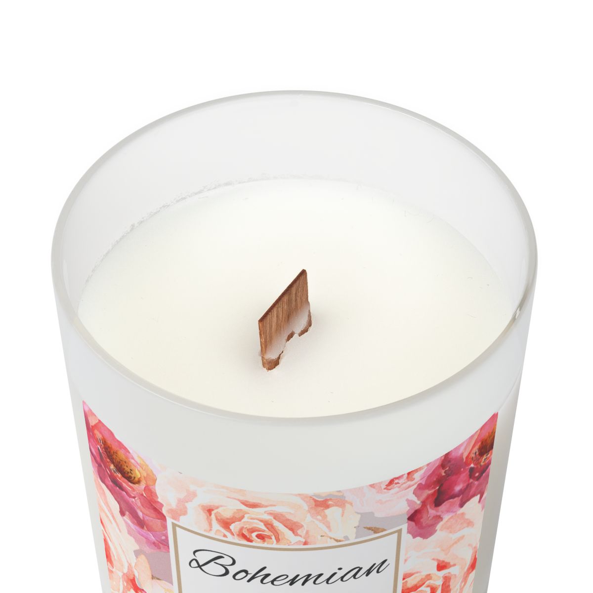 Wood wick candle with red and pink rose floral label and 'Bohemian' text on a white background
