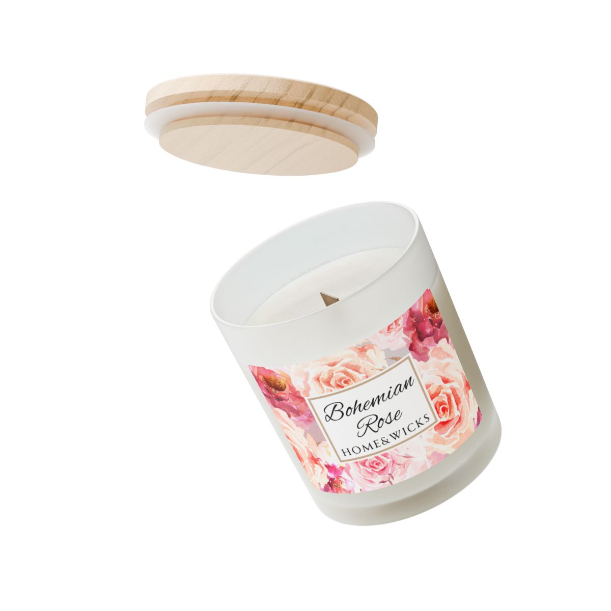 Wood wick Bohemian Rose candle with red and pink rose floral label and wooden lid on a white background
