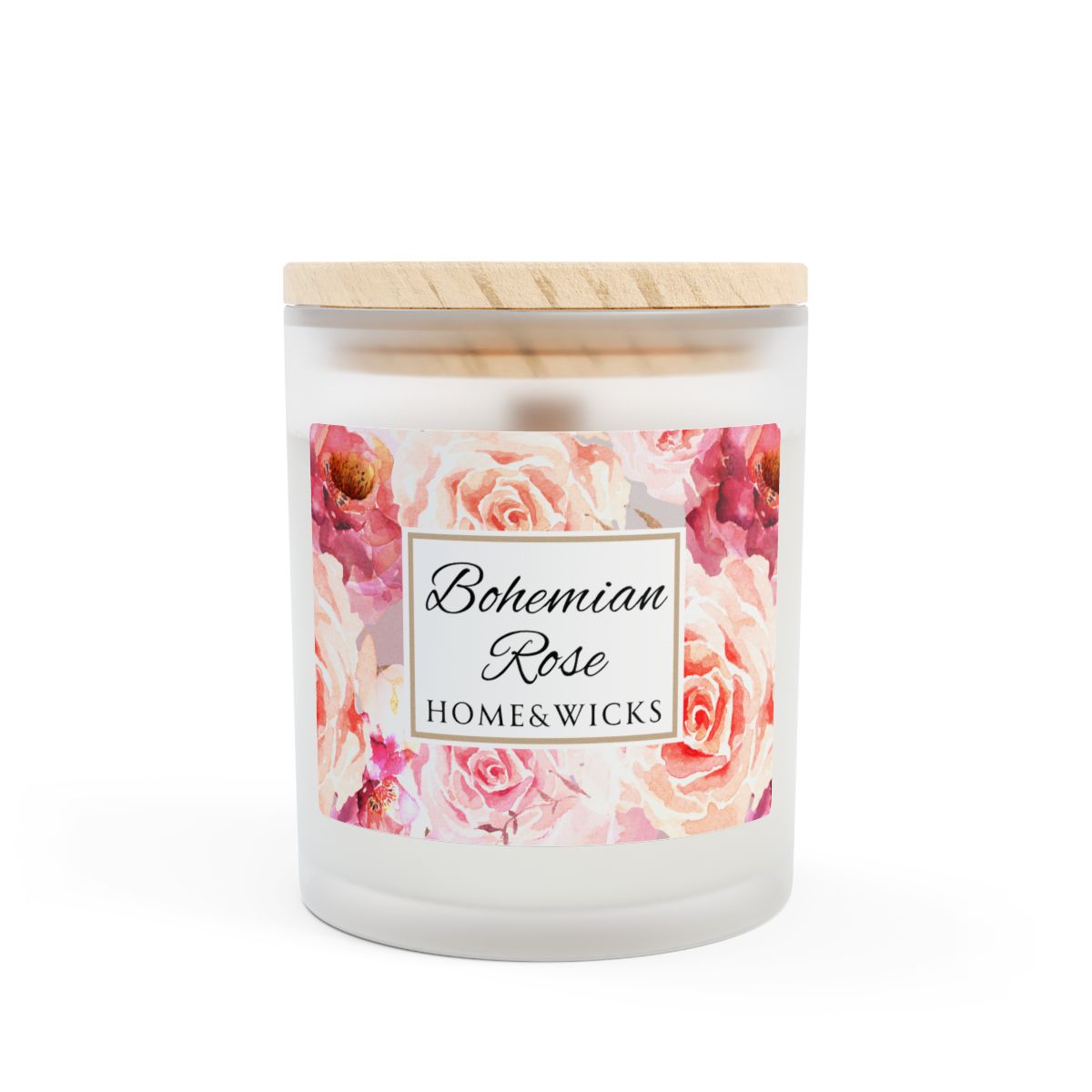 Wood wick candle with red and pink rose floral design and 'Bohemian Rose' label on a white background