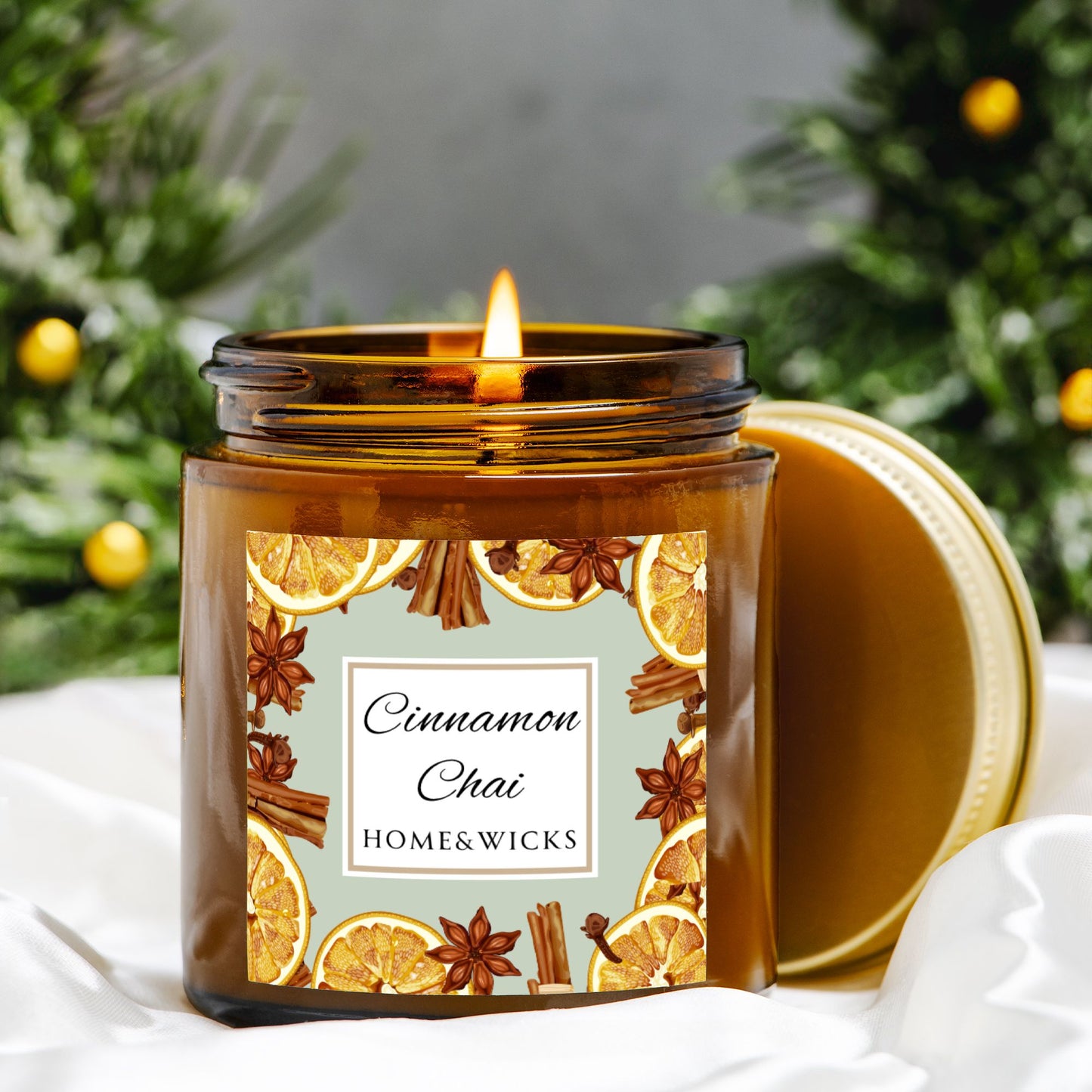 Cinnamon Chai Coconut Apricot Wax Candle, 4 oz. Amber Jar with Gold Lid, Cotton Wick- Cozy Aromatherapy, Spicy Scented Candle, Fall, Winter