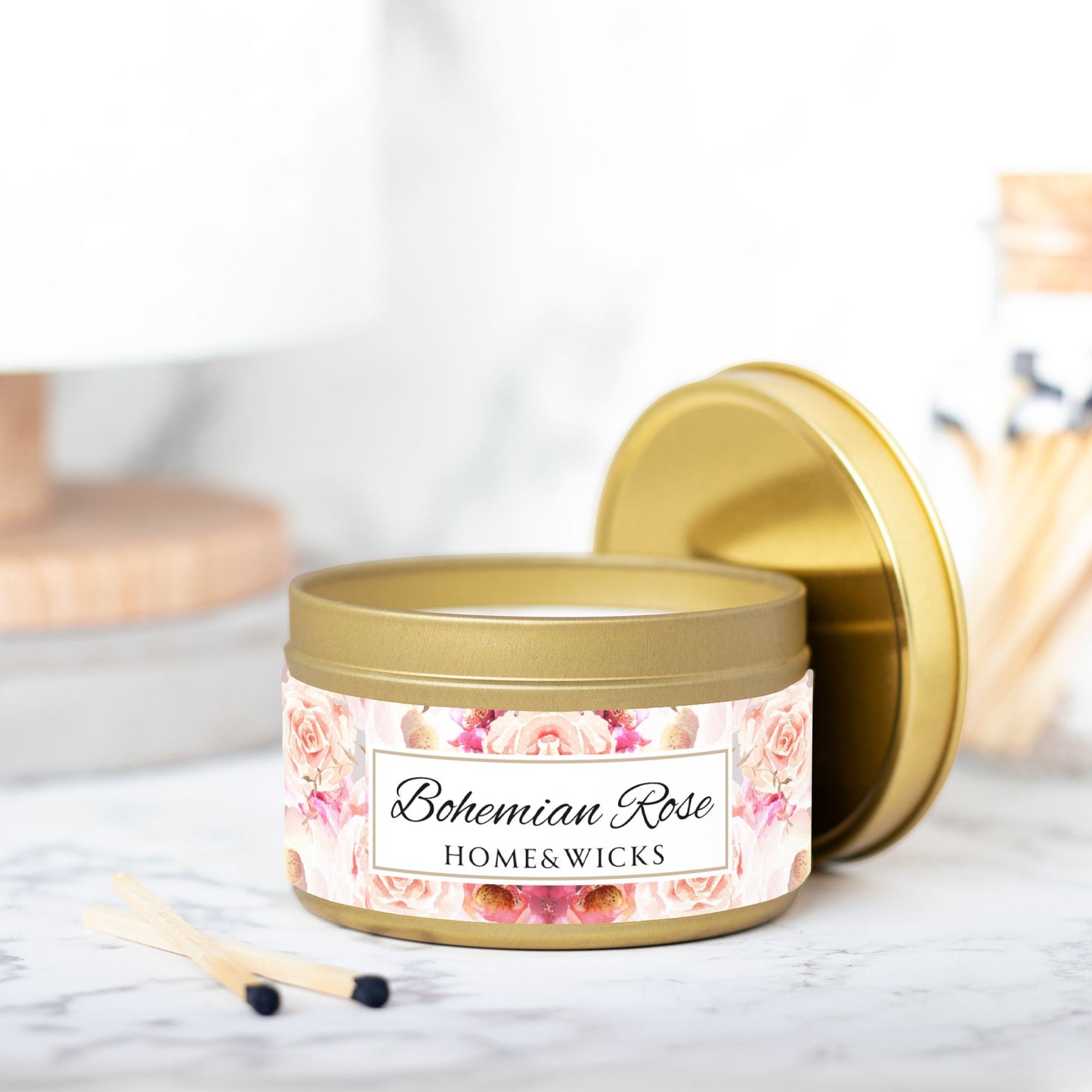 Bohemian Rose Coconut Soy Wax Candle, 8 oz. Gold Tin Jar with Lid - Rose Scented Candle, Floral Candle, Valentines Day Gift