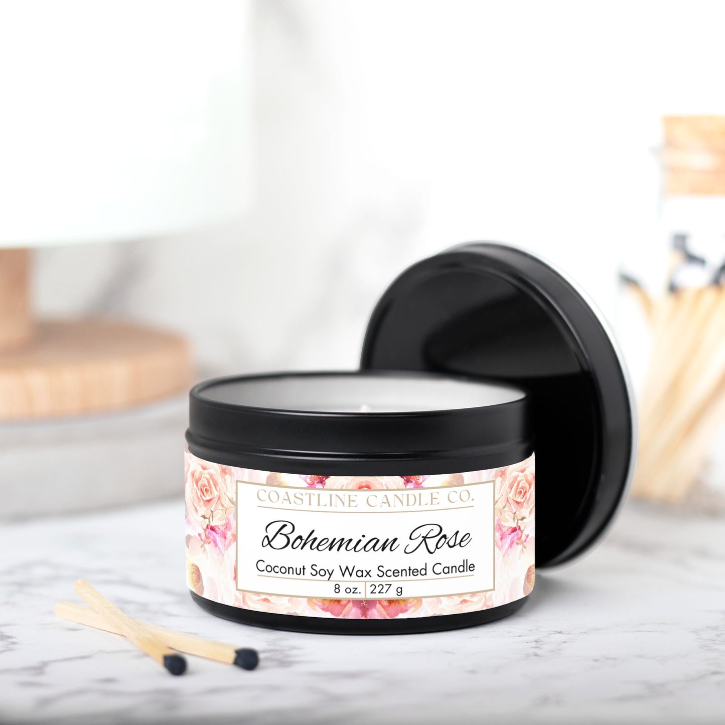 Bohemian Rose Coconut Soy Wax Candle, 8 oz. Black Tin Jar with Lid - Rose Scented Candle, Floral Candle, Valentines Day Gift
