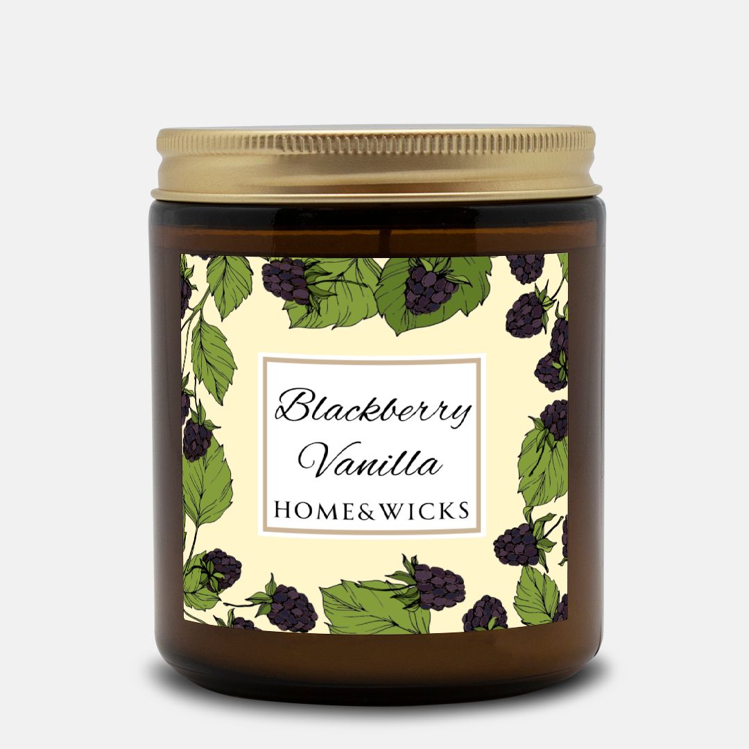 Blackberry Vanilla Coconut Apricot Wax Candle, 9 oz Amber Jar, Gold Wood Lid - Fruity Scented Candle, Fruit Decor Gift, Cozy Aromatherapy