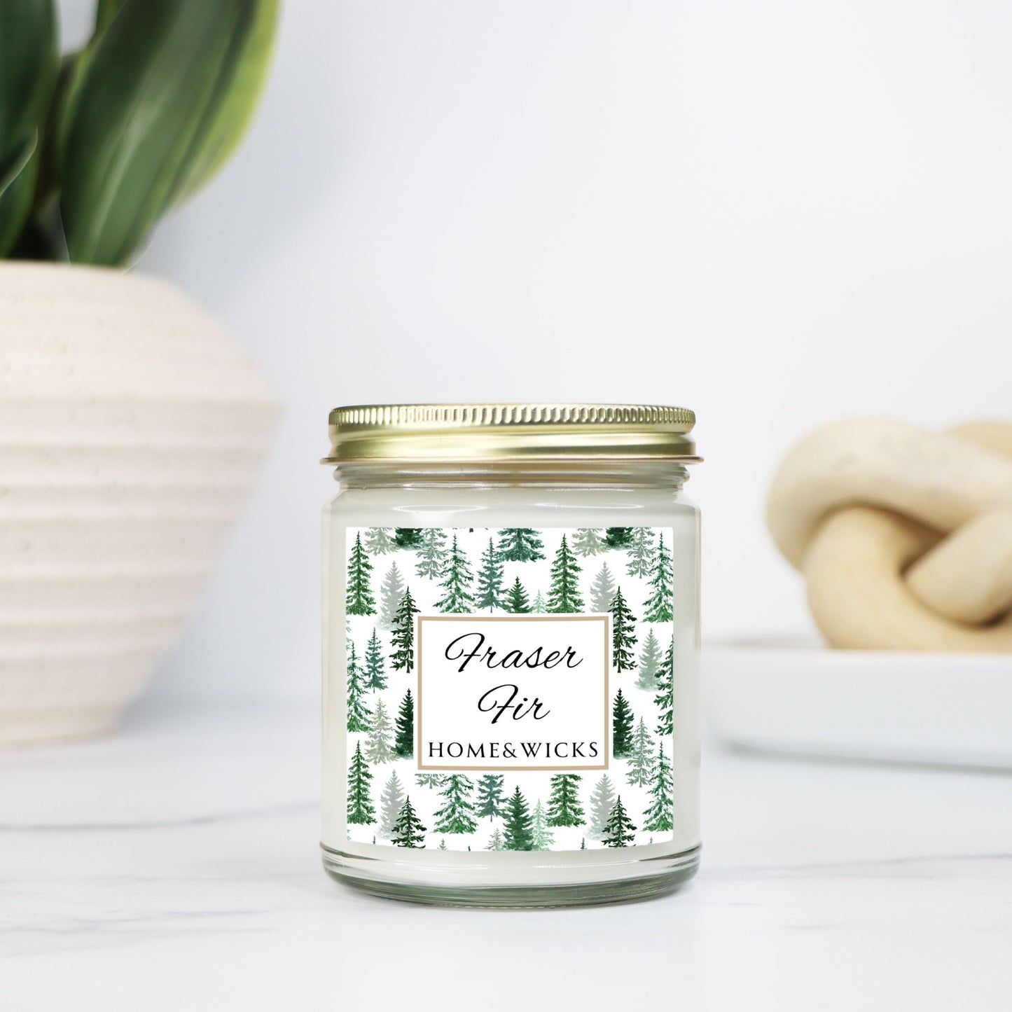 Fraser Fir Scented 9 oz. Coconut Apricot Wax Candle, Clear Jar with Gold Lid, Cotton Wick - Christmas Candle, Holiday Decor, Winter Candle