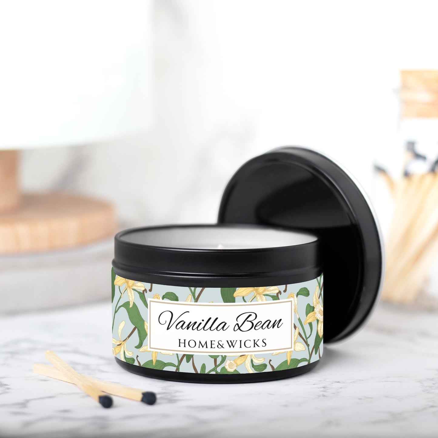 Vanilla Bean Coconut Soy Wax Candle, 8 oz. Black Tin Jar with Lid - Relaxing Vanilla Candle, Gift for Her, Vanilla Aromatherapy