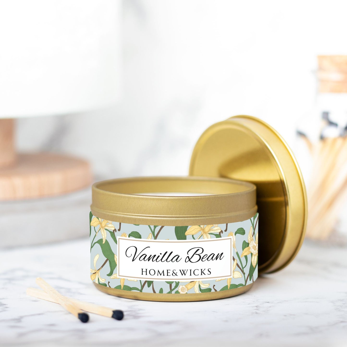 Vanilla Bean Coconut Soy Wax Candle, 8 oz. Gold Tin Jar with Lid - Relaxing Vanilla Candle, Gift for Her, Vanilla Aromatherapy