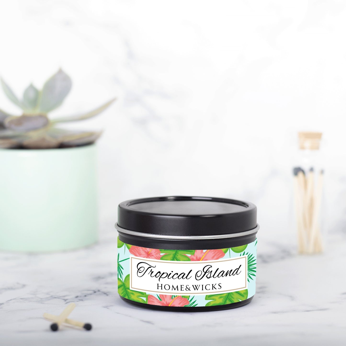 Tropical Island Coconut Soy Wax Candle, 4 oz. Black Tin Jar with Lid - Tropical Candle, Fruit Scented Candle, Tropical Decor