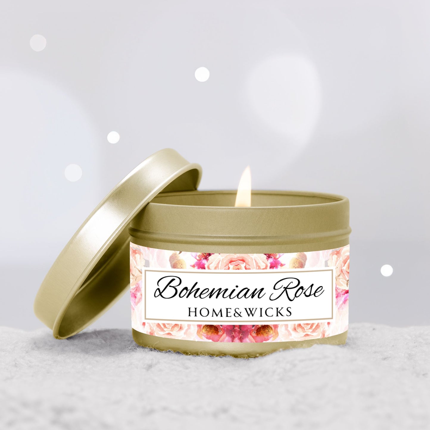 Bohemian Rose Coconut Soy Wax Candle, 4 oz. Gold Tin Jar with Lid - Rose Scented Candle, Floral Candle, Valentines Day Gift