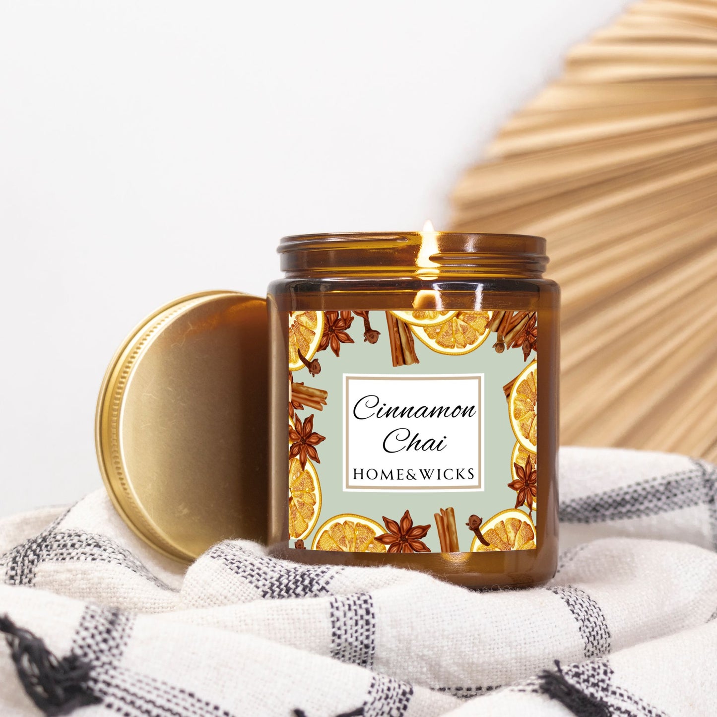 Cinnamon Chai Coconut Apricot Wax Candle, 9 oz. Amber Jar with Gold Lid, Cotton Wick- Cozy Aromatherapy, Spicy Scented Candle, Fall, Winter Candle