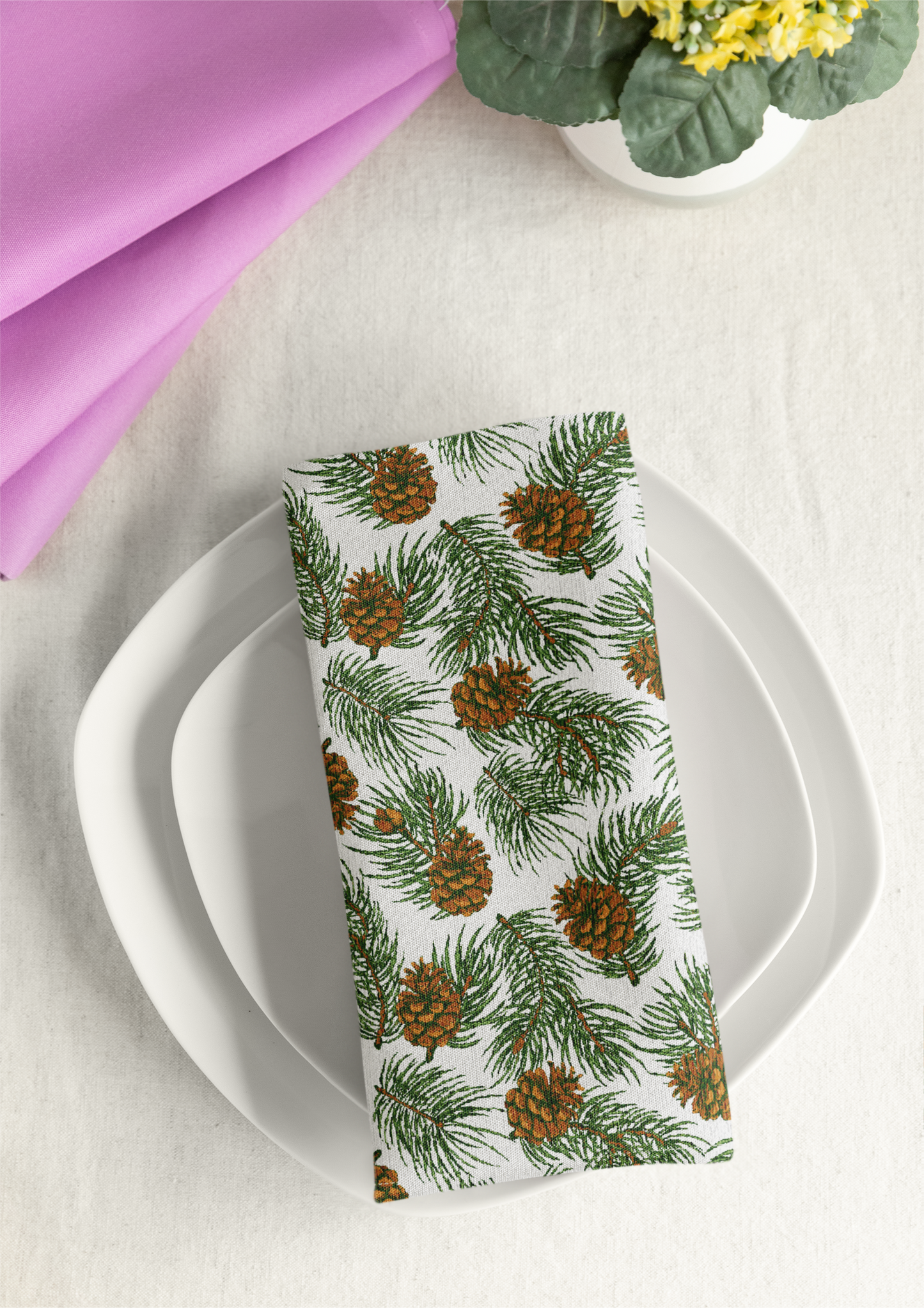 Needles & Cones 22" x 22" Cotton Twill Napkin - Christmas Table Decor, Winter Home Decor, Holiday Entertaining, Priced per Napkin