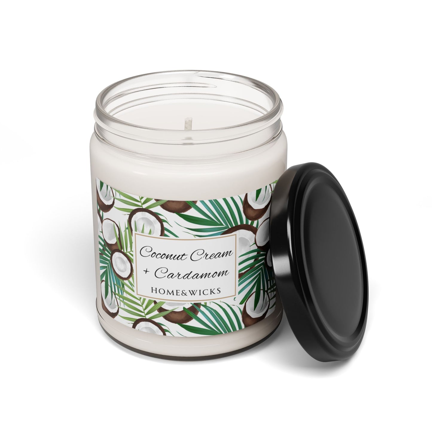 Candle jar with coconut cream and cardamom label on a white background