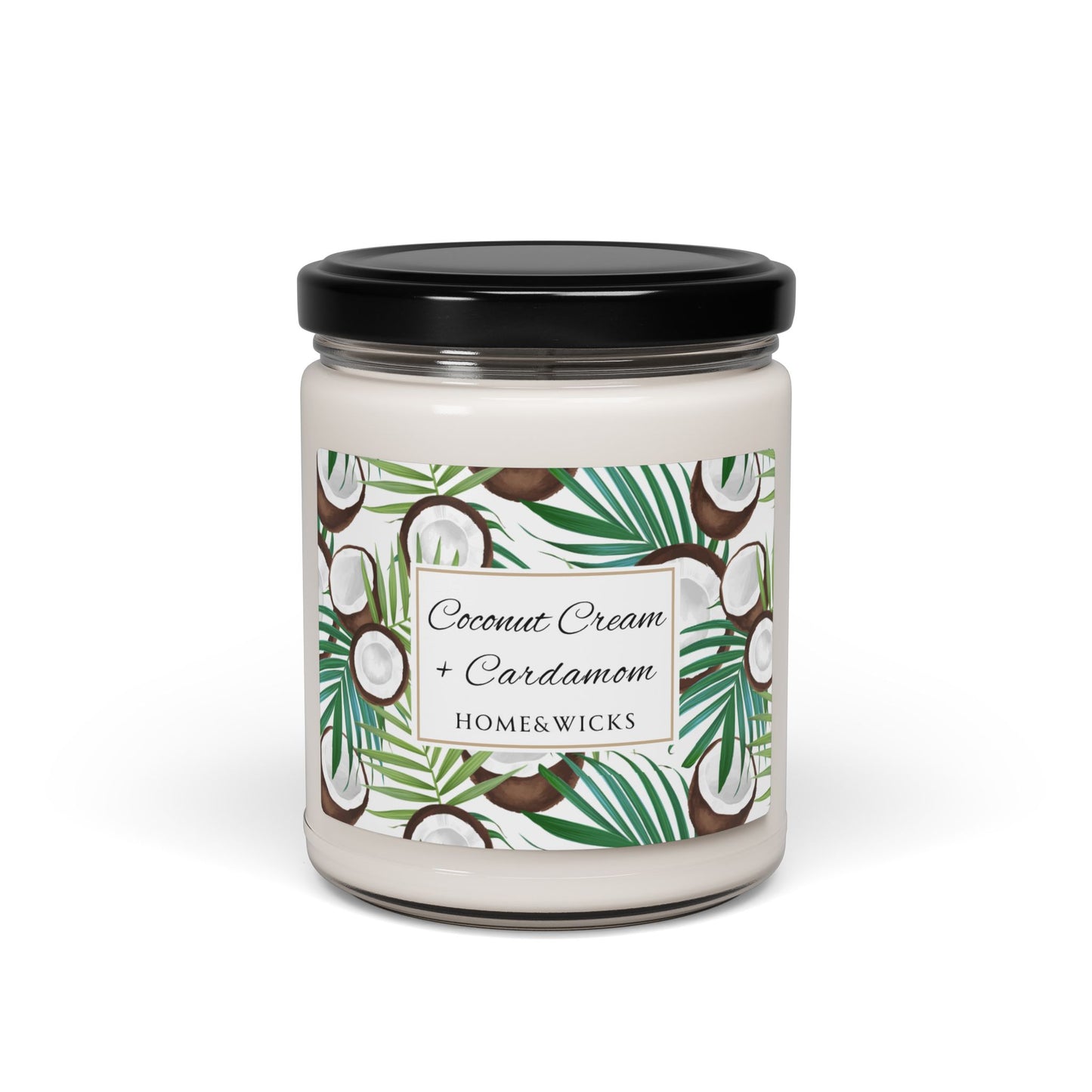 Candle jar with coconut cream and cardamom label on a white background