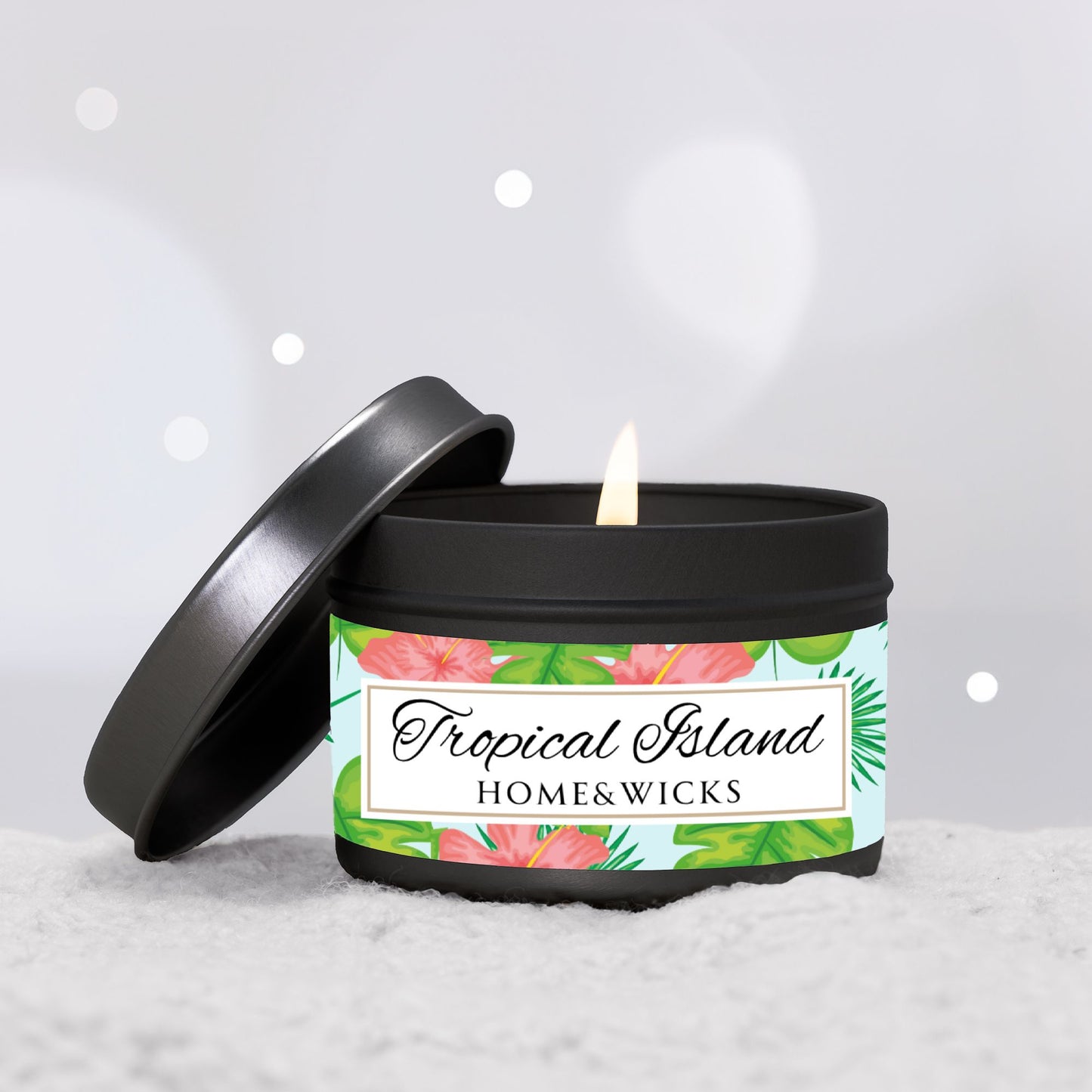Tropical Island Coconut Soy Wax Candle, 4 oz. Black Tin Jar with Lid - Tropical Candle, Fruit Scented Candle, Tropical Decor