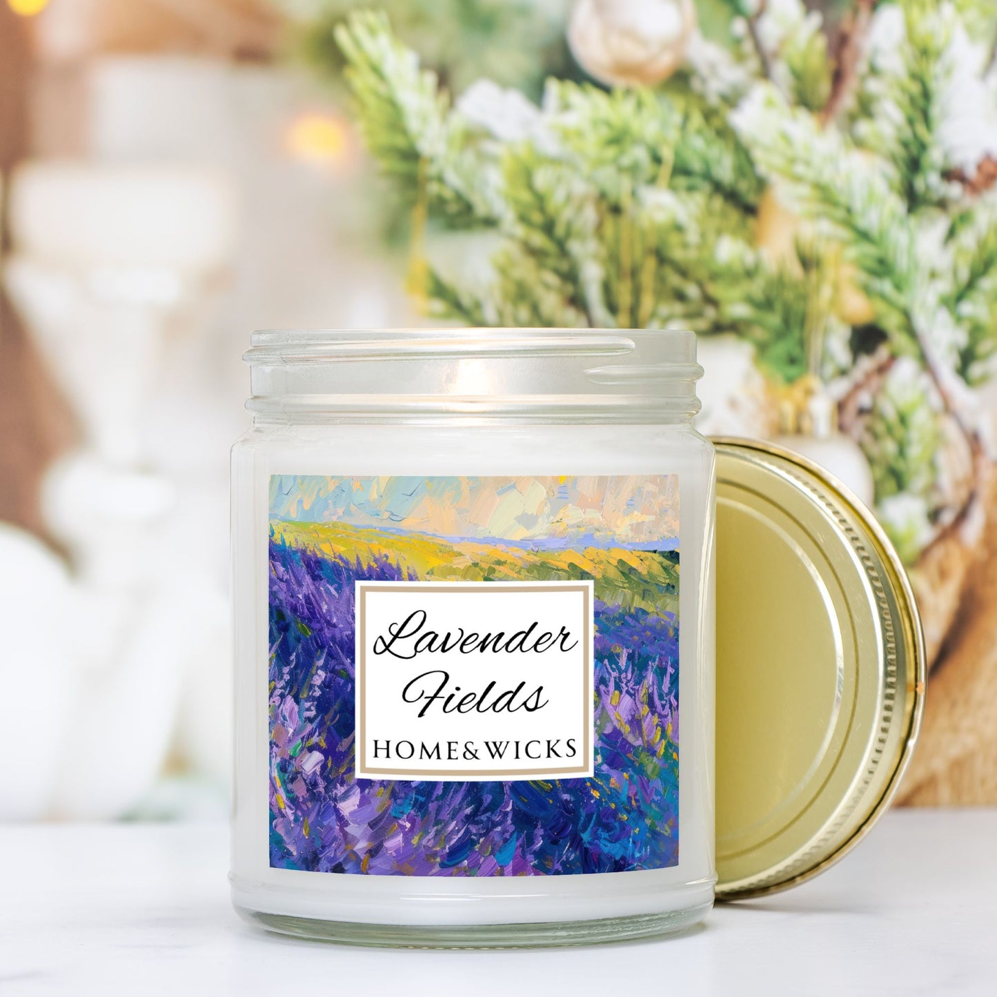 Lavender Fields Coconut Apricot Wax Candle, 9 oz. Clear Jar with Gold Lid - Lavender Scented Candle, Lavender Home Decor, Spa Floral Candle