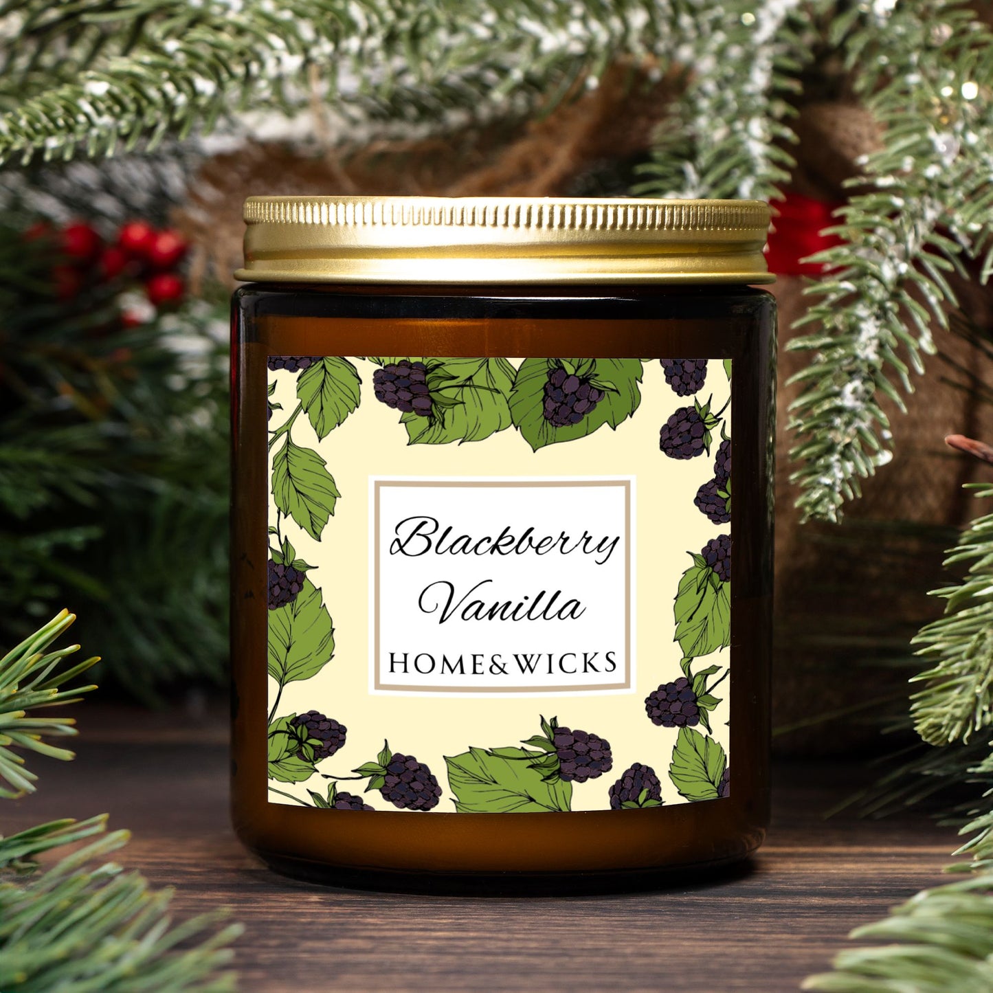 Blackberry Vanilla Coconut Apricot Wax Candle, 9 oz Amber Jar, Gold Wood Lid - Fruity Scented Candle, Fruit Decor Gift, Cozy Aromatherapy