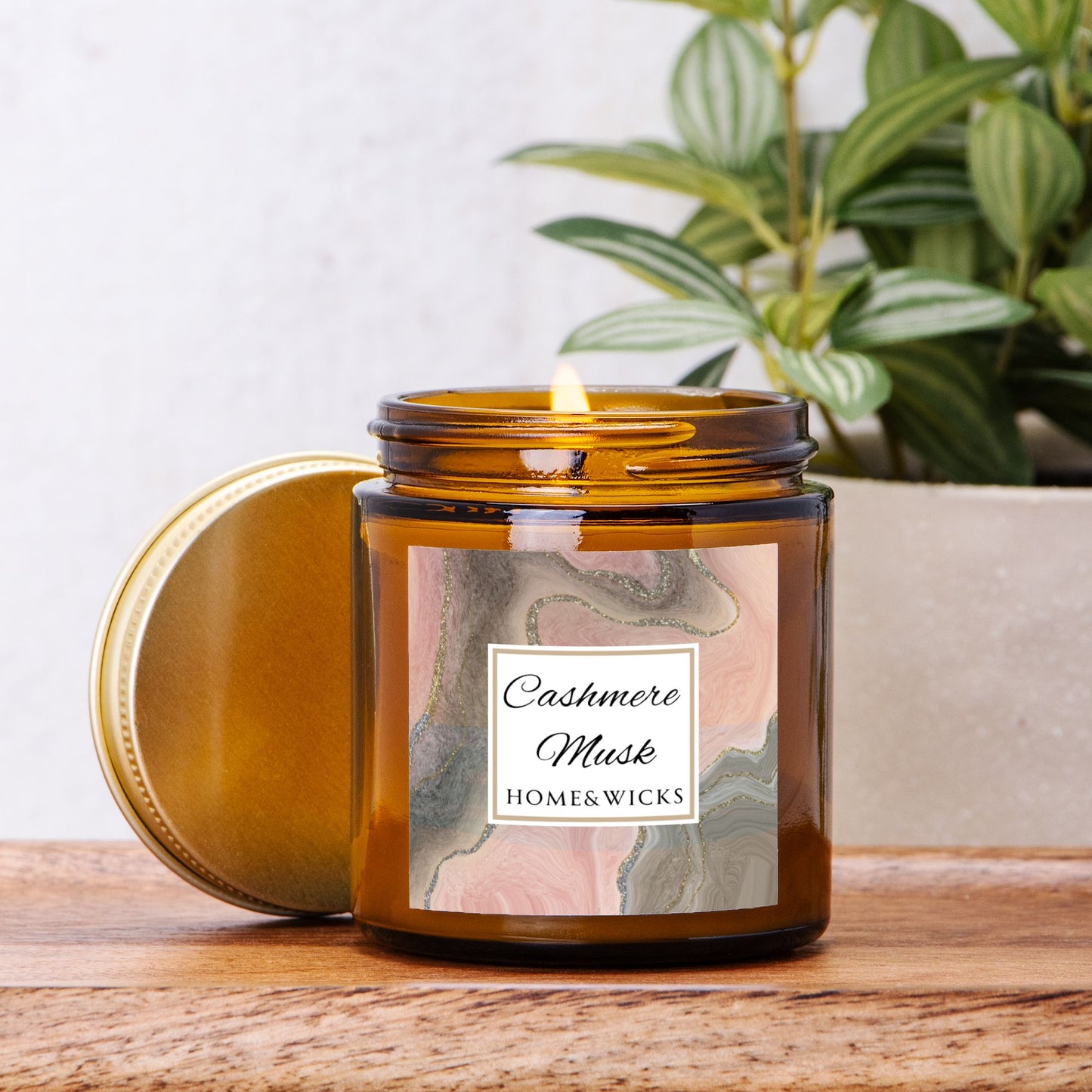 Cashmere Musk Coconut Apricot Wax Candle, 4 oz Amber Jar with Gold Lid, Cotton Wick - Luxe Scented Candle, Calming Aroma, Musk Floral Candle