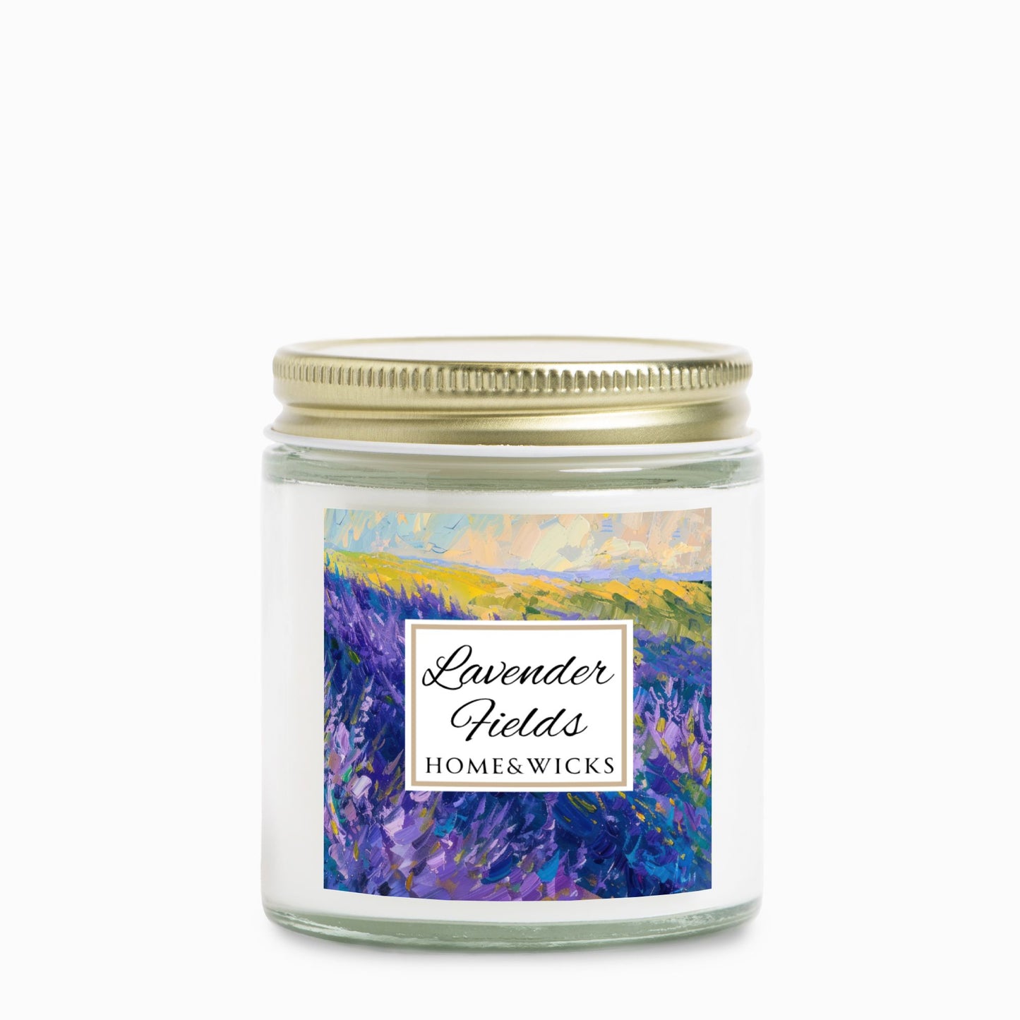 Lavender Fields Coconut Apricot Wax Candle, 4 oz. Clear Jar with Gold Lid - Lavender Scented Candle, Lavender Home Decor, Spa Floral Candle