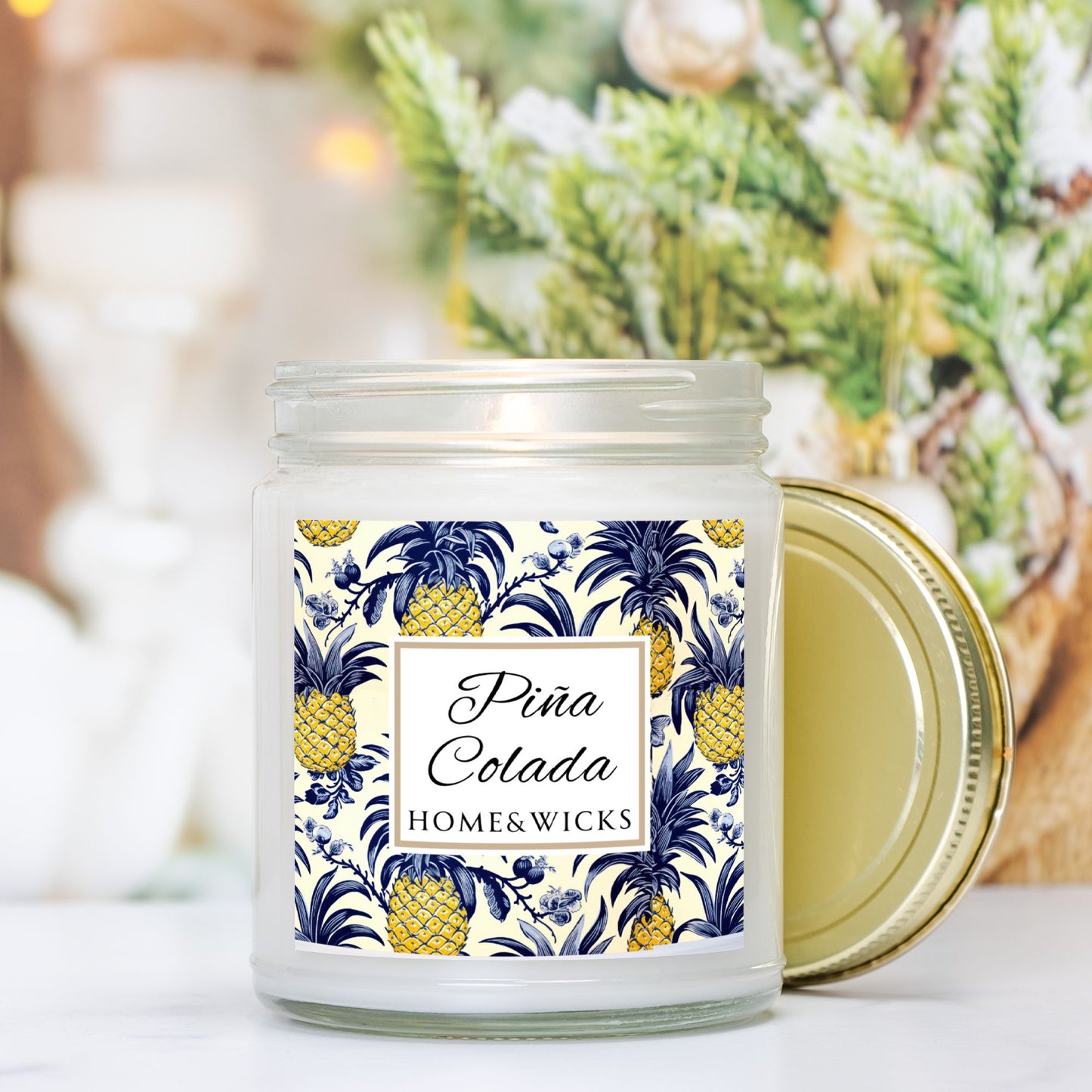 Piña Colada Coconut Apricot Wax Candle, 9 oz. Clear Jar with Gold Lid - Tropical Scented Candle, Fruity Candle, Tropical Decor