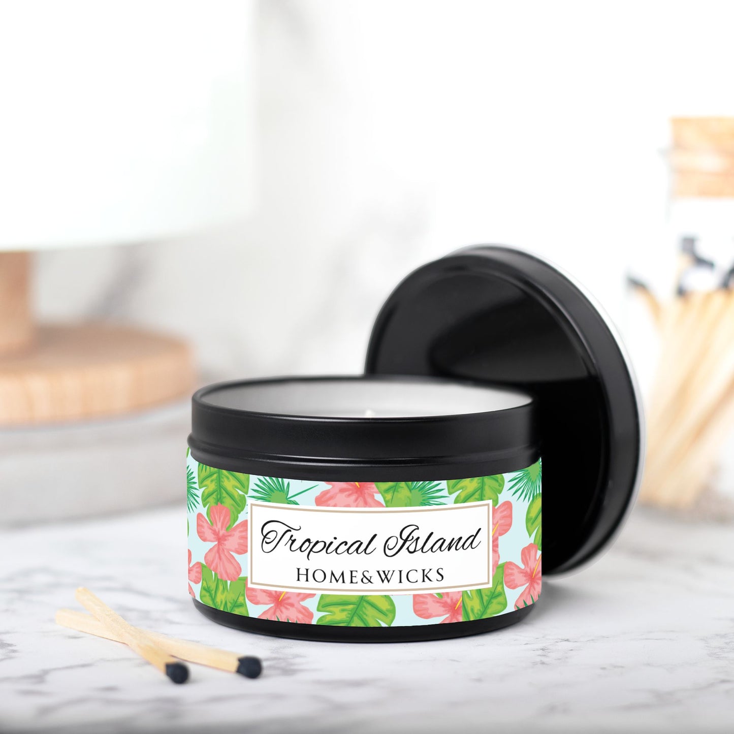 Tropical Island Scented Coconut Soy Wax Candle, 8 oz. Black Tin Jar with Lid - Tropical Candle, Fruit Scented Candle, Tropical Decor