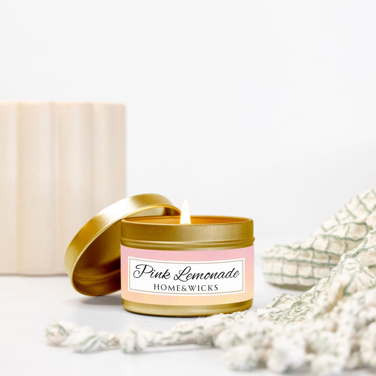 Pink Lemonade Coconut Soy Wax Candle, 4 oz. Gold Tin Jar with Lid - Fruity Scented Candle, Gourmand Candle, Summer Decor